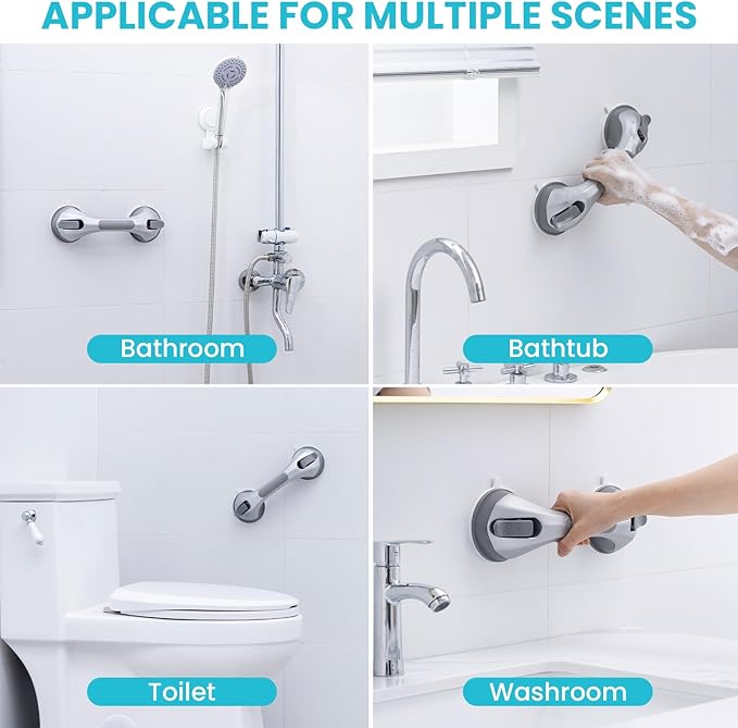 TAILI Shower Handles for Elderly Suction, 2 Pack 12 Inch Shower Grab Bars for Seniors, Grab Bars for Bathtubs and Showers, No Drilling Removable Safety Shower Grip, Silver