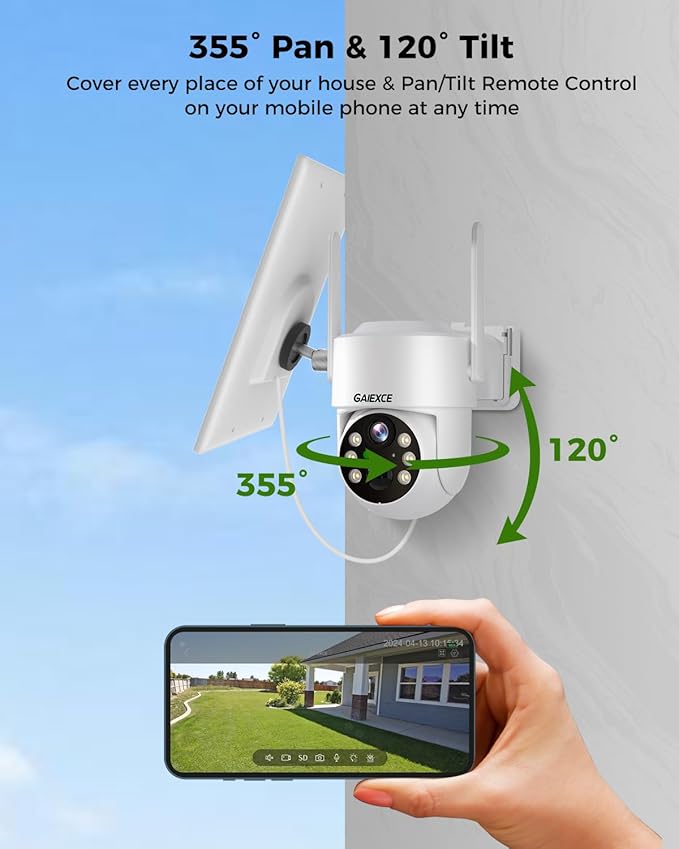 Wireless Solar Camera System Outdoor, 2PCS 4MP Home Battery Camera with 500GB HDD, 【No Monthly Fee】, Pan Tilt 360° View, PIR Motion Detection, Color Night Vision, IP66, 2-Way Audio