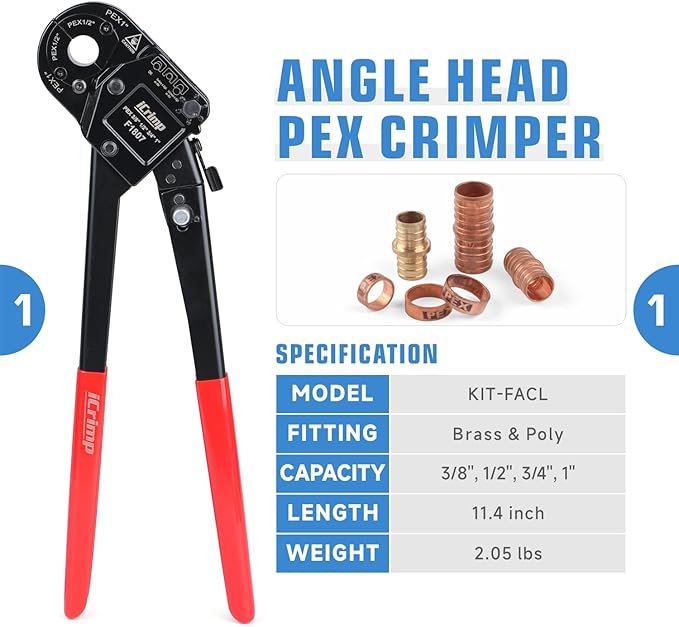 iCrimp KIT-FACL PEX Crimping Tool Kit for Crimping & Removal 1/2-in, 3/4-in, 1-in PEX Copper Crimp Ring, with PEX Tubing Cutter, Corner Operation Friendly