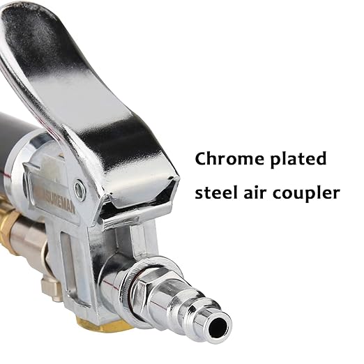 MEASUREMAN Heavy Duty Bayonet Style Tire Inflator, Aluminum Body, 20" Red Hose, Clip On Air Chuck, Aluminum Slide, Range 10-130psi/kpa