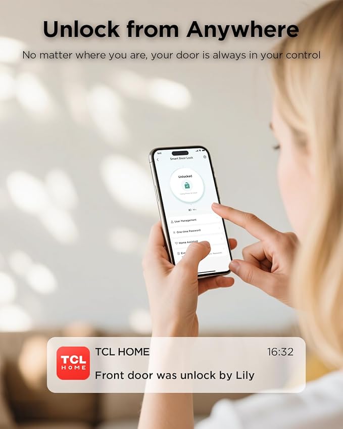 TCL D2 Pro Smart Lock with Palm Vein Recognition, Wi-Fi Keyless Entry Deadbolt Door Lock, Built-in Doorbell, IP55 Waterproof, 10000mAh Rechargeable Battery, Auto Lock for Front Door (Dark Grey)