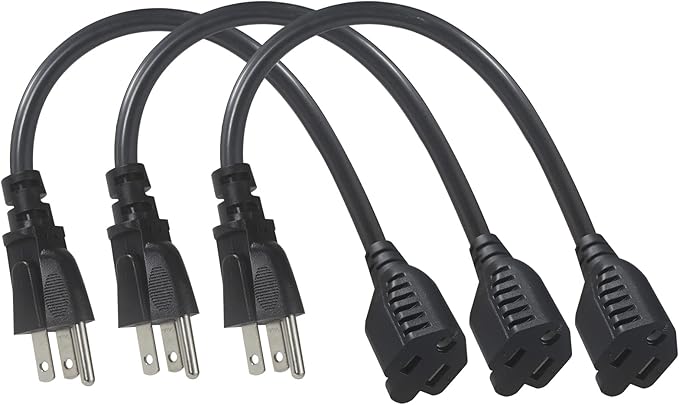 1FT Short Power Extension Cord 1FT - Short 3 Prong Extension Cord Outlet Saver Indoor SJT 16 AWG Heavy Duty 1 Foot AC Power Extensions Cable with NEMA 5-15P to NEMA 5-15R Connector (3PACK)