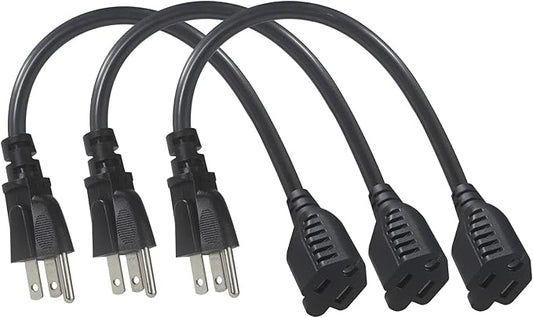 1FT Short Power Extension Cord 1FT - Short 3 Prong Extension Cord Outlet Saver Indoor SJT 16 AWG Heavy Duty 1 Foot AC Power Extensions Cable with NEMA 5-15P to NEMA 5-15R Connector (3PACK)