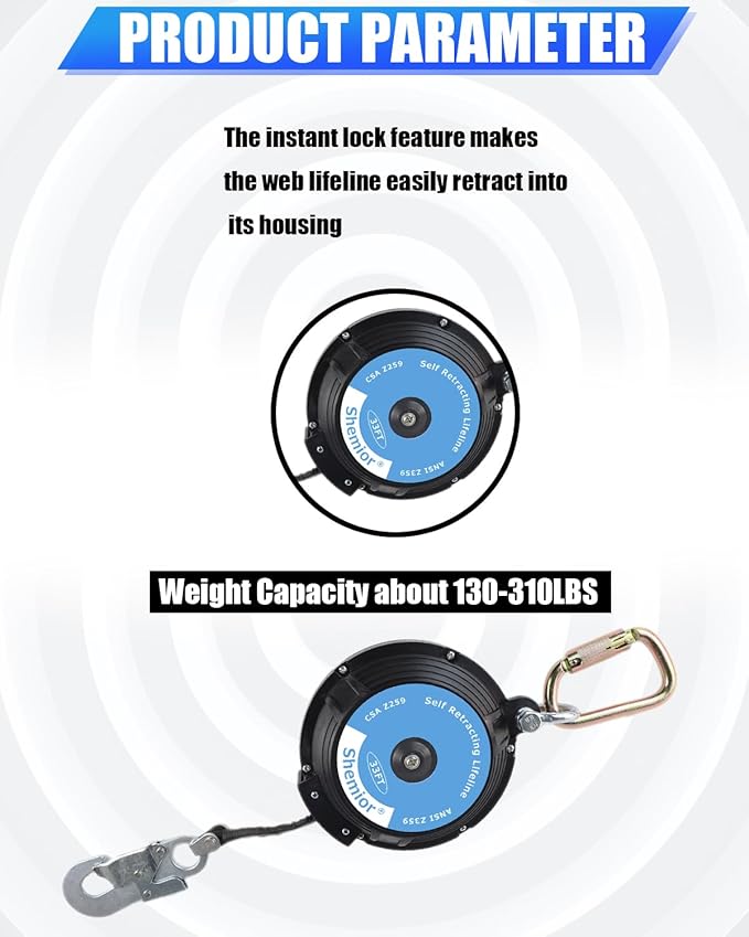 33FT Web Self Retracting Lifeline, No Tangle Lightweight Housing SRL, Self Retractable Safety Lanyard, Fall Arrest Protection PPE Gear for Roofing Construction, OSHA/ANSI Compliant