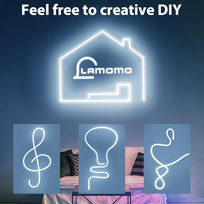 Lamomo Neon LED Rope Light 65.6Ft, White LED Strip Lights 1.96in/Cut, 6000K Waterproof Flexible Silicone 24V Led Strip for DIY Neon Sign Bedroom Indoor Outdoor Decor（Power Adapter Included）