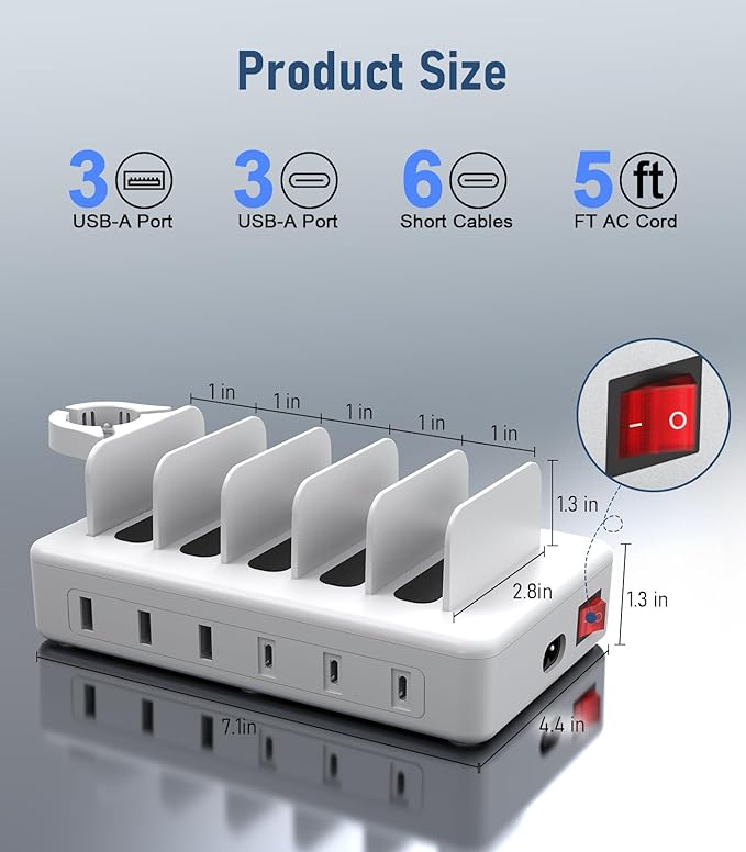 96W Charging Station for Multiple Devices,CREATIVE DESIGN 6 Ports USB C Charging Station with 3 PD 20W USB-C,Multi Charger Station for Cellphone Kindle Tablet and Other Electronic