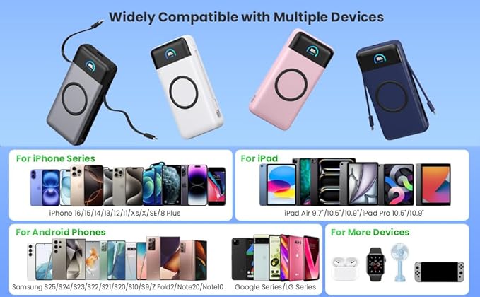 Wireless Portable Charger 40800mAh with Built-in Cables, 15W Wireless Charging USB C Power Bank, 25W PD QC 4.0 5 Outputs TFT LCD Display Battery Pack for iPhone 16/15/14/13/12, Samsung, Android etc