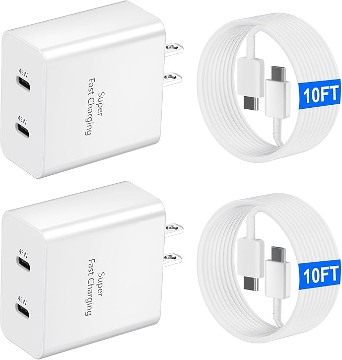 45W USB-C Super Fast Charger, 2-Port 45 Watt Type C Charger Fast Charging Block with 10FT USB C Cable Cord for Samsung Galaxy S25 Ultra/S25+/S25/S24/S23 Ultra/S23+/S22 Ultra/S22+/S20 Ultra-White
