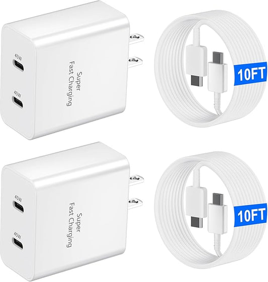 45W USB-C Super Fast Charger, 2-Port 45 Watt Type C Charger Fast Charging Block with 10FT USB C Cable Cord for Samsung Galaxy S25 Ultra/S25+/S25/S24/S23 Ultra/S23+/S22 Ultra/S22+/S20 Ultra-White