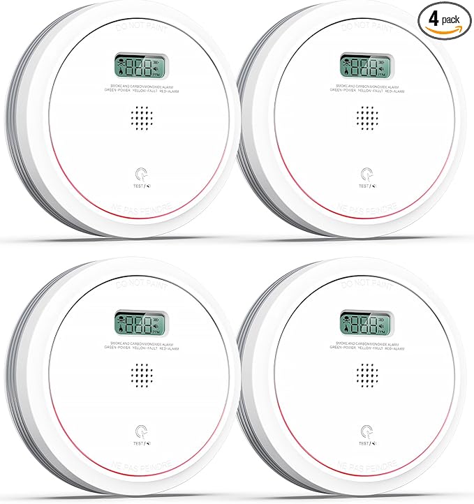 Smoke and Carbon Monoxide Detector Combo 10 Year Battery, Dual Sensor Smoke Alarm Carbon Monoxide Detector with LCD Display for Home, 4 Packs