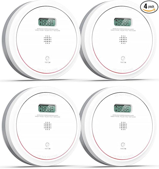Smoke and Carbon Monoxide Detector Combo 10 Year Battery, Dual Sensor Smoke Alarm Carbon Monoxide Detector with LCD Display for Home, 4 Packs