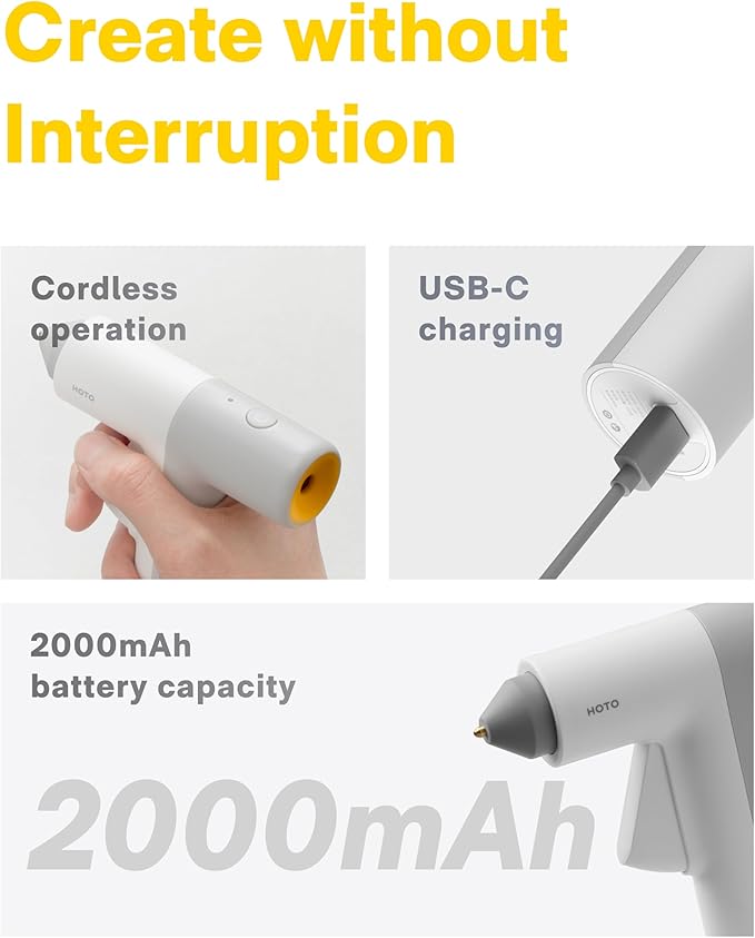 HOTO Cordless Hot Glue Gun, 30s Fast Preheating, Dual Anti-Scald & Anti-Drip Nozzle, Smart Power-Off, 2000mAh USB-C Rechargeable, 10 Mini Glue Sticks for Crafts, DIY Arts, Home Repairs