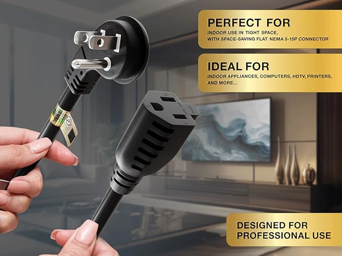 CableLeader 2ft Ultra Low Profile Power Extension Cord Cable NEMA 5-15P to NEMA 5-15R, UL Listed