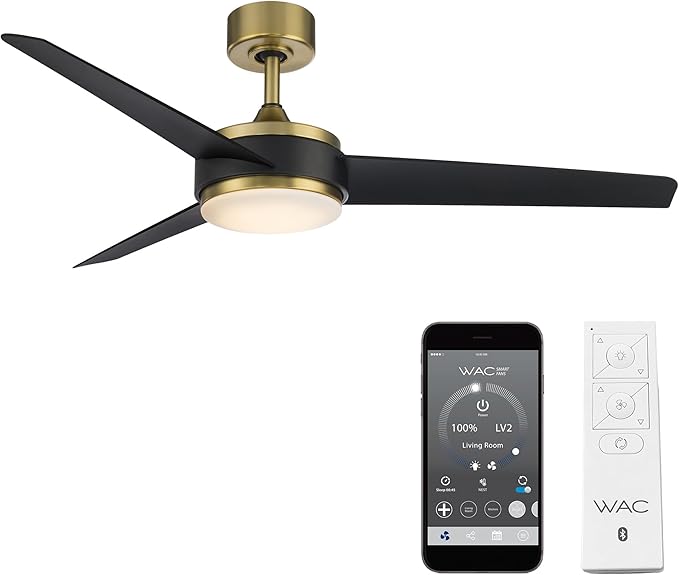 WAC Smart Fans Mod Indoor and Outdoor 3-Blade Smart Home Ceiling Fan 54in Satin Brass Matte Black with 3000K LED Light Kit and Remote Control works with Alexa and iOS or Android App