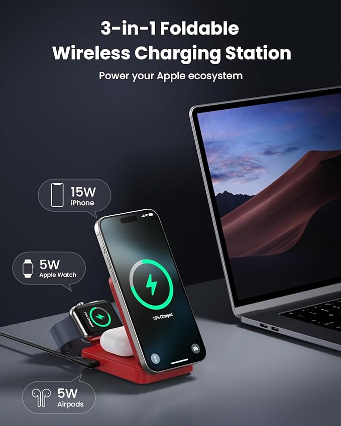 3-in-1 Wireless Charger Charging Station for iPhone, 15W Fast Charging Foldable Magnetic Charger Stand with 30W USB C Adapter for MagSafe iPhone 16/15/14/13/12, Apple Watch, AirPods