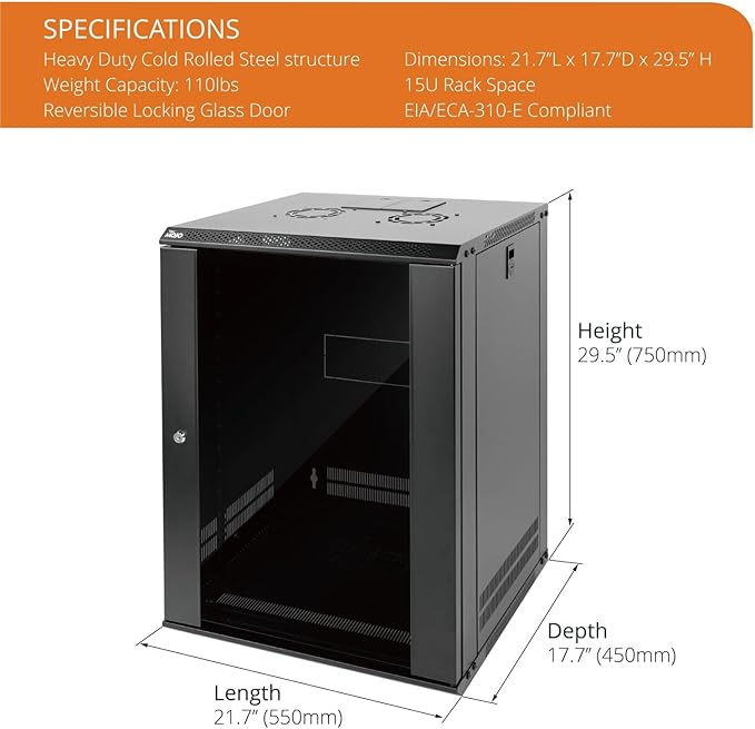 Tecmojo 15U Wall Mount Rack Network Cabinet for 19" IT Equipment,with Lockable Glass Door and Side Panels,Cooling Fan,17.7inch Depth,Black (15U)
