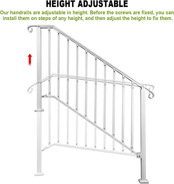 Adjustable Handrails for Outdoor Steps, Handrail Picket #4 Fits 4 or 5 Steps, Mattle Wrought Iron Handrail, Stair Rail with Installation Kit for Outdoor Steps