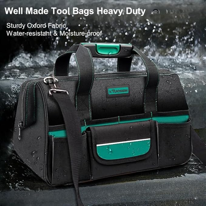 Tool Bag Heavy Duty 16.5-Inch with 16 Pockets Portable Handle Adjustable Shoulder Strap Waterproof Wide Mouth Tools Storage Organizer Carry Tote Box for Craftsman Electrician Mechanic (16.5-Inch)