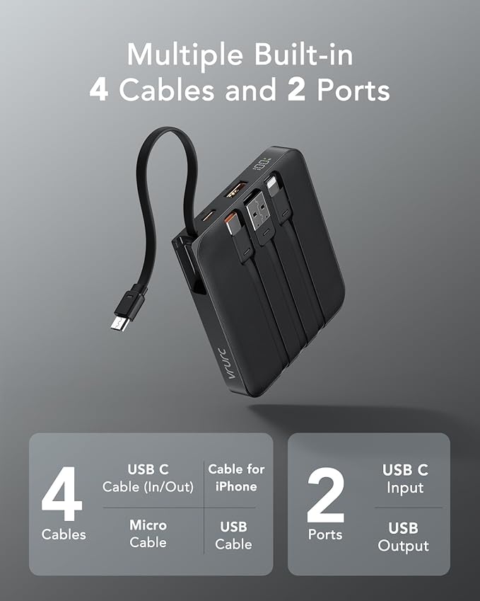 VRURC Portable Charger with Built-in Cable, 10000mAh 22.5W Fast Charging USB C Battery Pack, Cell Phone Power Bank for iPhone 16 15 14 Samsung Galaxy S25 S24 S23 Series Android Tablet, Black(1 Pack)