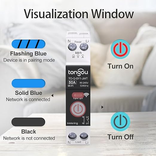 DIY 1P+N Smart Wi-Fi Switch, Work with Alexa and Google Assistant for Voice Control, 50A with Energy Monitor, Smart Life/Tuya APP Remote Control, Timer Functions, DIN Rail Mounted,FCC Certified
