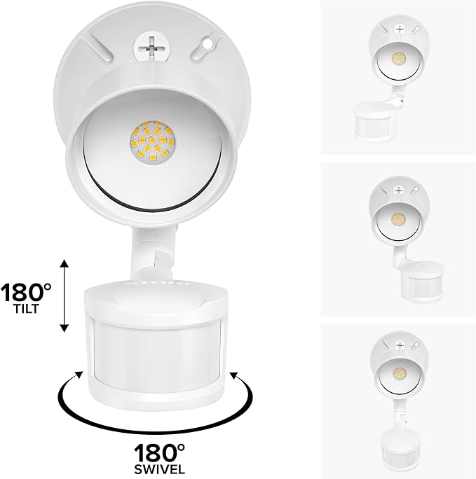 Maxxima LED Outdoor Flood Wall Light, Exterior Security Light with Adjustable Head, 950 Lumens, Featuring Motion Sensor and Dusk to Dawn Sensor, 3000K Warm White, White Fixture