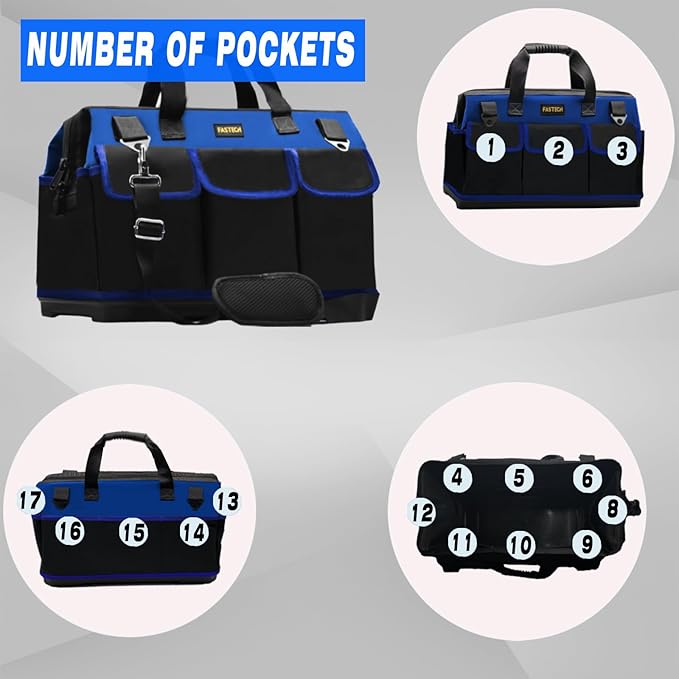 20 Inch Bottom Tools Bag With Wide Mouth For Tool Storage, Carrier and Organizer, Heavy Duty Tool Tote Bag for Men/Women, Wide Mouth Tool Bag With Inside Pockets (20 Inch)
