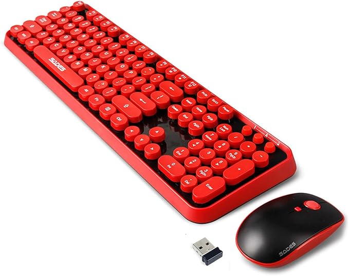 Wireless Keyboard Mouse Combo,2.4GHz Waterproof Keyboard with Round Retro Style Red Key and Optical Wireless Gaming Mouse with 3 Adjustable DPI,Compatible with PC, Computer, Laptop, Desktop, Note-Red