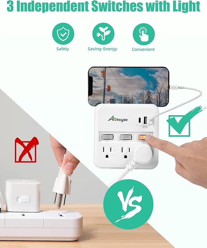 Alitayee Wall Outlet Extender Surge Protector, USB Power Strips with Individual Switches and 15.5W Type-C Fast Charging Ports for Cell Phone,Home,Office,Dorm ETL Listed White