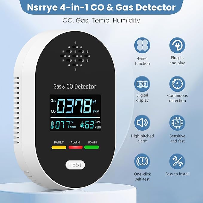 Carbon Monoxide Detectors,Plug in CO and Natural Gas Detector, Combination Gas & Carbon Monoxide Detectors for Travel with Temperature Humidity Display, 4 in 1 CO & Gas Detector for Home/Travel-Black