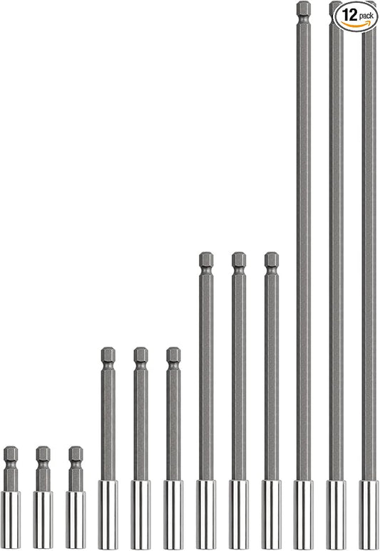Rocaris 12 Pack Strong Magnetic Drill Bit Extension Holder, 1/4" Hex Shank, S2 Steel Magnetic Screwdriver Extension for Impact Driver, 2 inch, 4 inch, 6 inch, 12 inch
