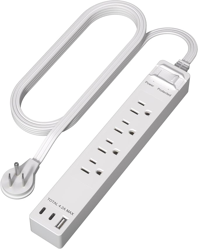 LIDER Outlet Extender with 4 Receptacles, USB-A and 2 USB-C, Ultra-Thin Flat-Plug with Cord Extender, 4-Outlet Power Strip, Slim Angled Design, Surge Protector, 1500 Joules, 5ft Cord, UL-Listed, White