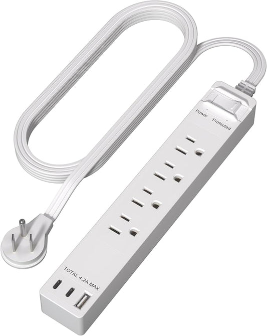 LIDER Outlet Extender with 4 Receptacles, USB-A and 2 USB-C, Ultra-Thin Flat-Plug with Cord Extender, 4-Outlet Power Strip, Slim Angled Design, Surge Protector, 1500 Joules, 5ft Cord, UL-Listed, White