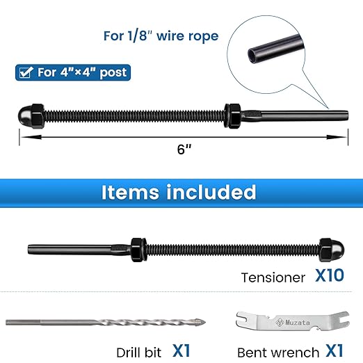 Muzata 10 Pack 1/8" Black Cable Railing Hardware Kit Hand Swage Threaded Stud Tensioner for 4x4 2x2 Wood Metal Post T316 Stainless Steel Deck Cable Railing System CR39