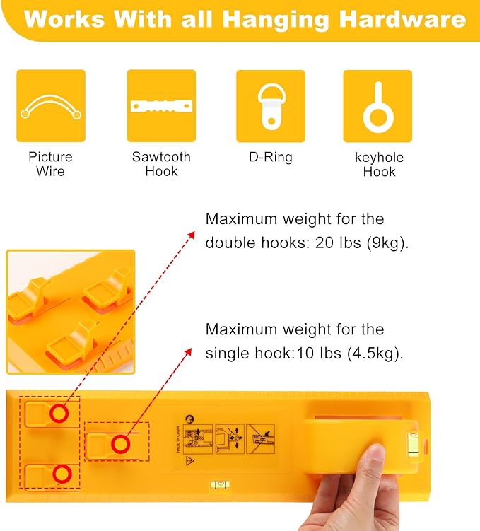 Picture Hanging Kit, Goodsnova Picture Hanging Tool with Level for Easy Marking Position, Including 218PCS Instaframe Hanging Kit with Hooks, Nails, Wires, Hammer for Art/ Photos (Yellow)