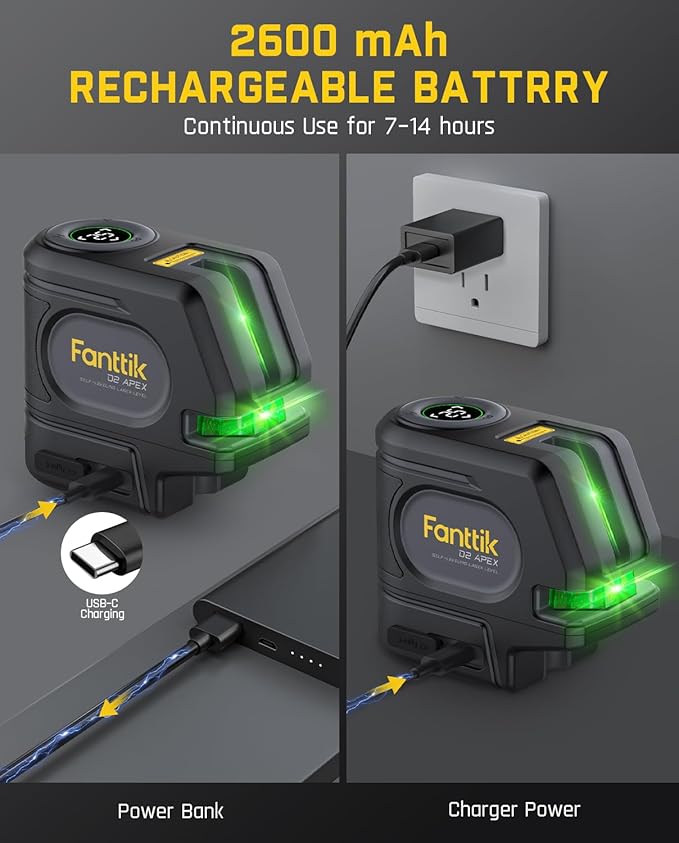 Fanttik D2 APEX Laser Level with Plumb Points, 100 ft Self-Leveling Green Cross Line Laser with LED Display, 170° Horizontal Wide Angle, Magnetic Bracket, for Picture Hanging and Home Improvement