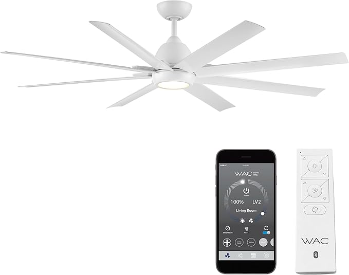 WAC Smart Fans Mocha XL Indoor and Outdoor 8-Blade Ceiling Fan 66in Brushed Aluminum with 3000K LED Light Kit and Remote Control works with Alexa and iOS or Android App