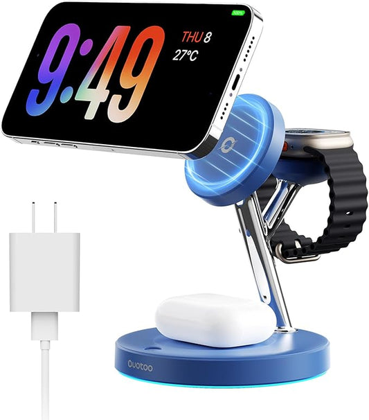 3 in 1 Charging Station Compatible with Mag-Safe Charger Wireless Charger Stand for iPhone 16 15 14 13 12 Series Wireless Charging Station for AirPods Wireless Charging Stand for iWatch Series (Blue)