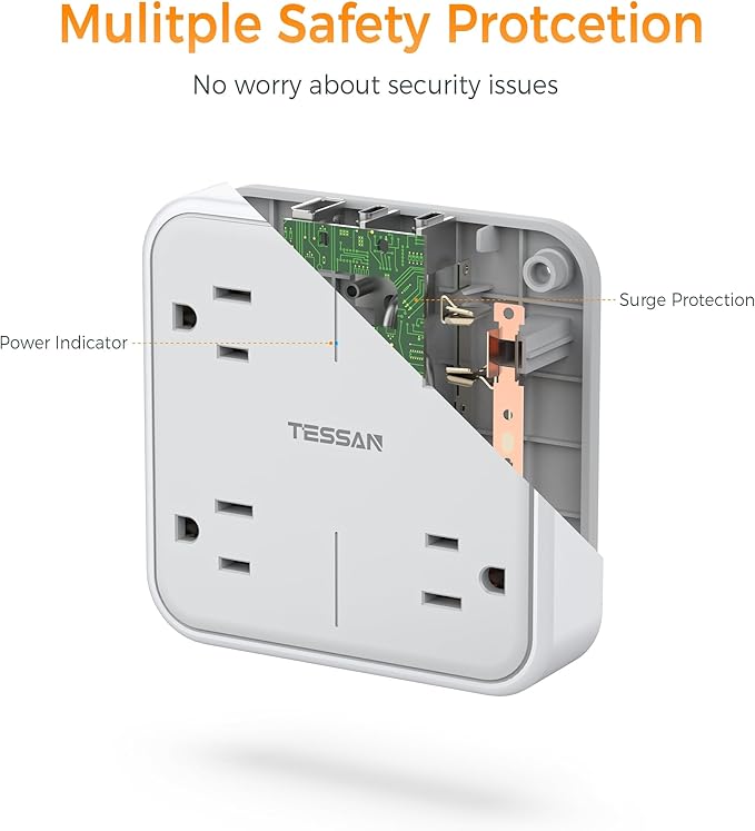 Multi Plug Outlet Extender, TESSAN 4 Outlet Splitter 3 USB Wall Charging Ports (2 USB C), Wide Spaced Multiple Expander Surge Protector for Office, Home, College Dorm Room