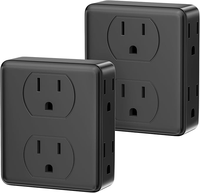 Outlet Extender, HICITY Multi Plug Outlet with 6 Electrical Outlets Adapter, 3-Prong Wall Outlet Tap for Cruise Ship Home Office Dorm, Black (2 Pack)
