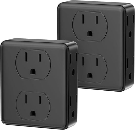 Outlet Extender, HICITY Multi Plug Outlet with 6 Electrical Outlets Adapter, 3-Prong Wall Outlet Tap for Cruise Ship Home Office Dorm, Black (2 Pack)