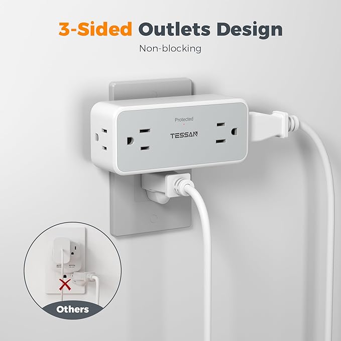 Surge Protector Outlet Extender, TESSAN 2100J Multi Plug Splitter with 4 Electrical Outlets, 3 Side Multiple Wall Plug Expander for Home Office Kitchen Dorm Room Essentials