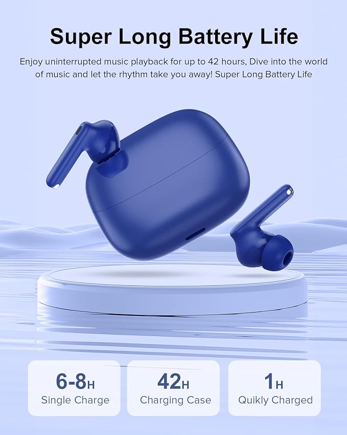 Wireless Earbuds, 42H Playtime Bluetooth 5.3 Headphones, HiFi Stereo Call Noise Cancelling Earbuds, IPX7 Waterproof Stereo in-Ear Earphones with LED Display for iOS Android (Ocean Blue)