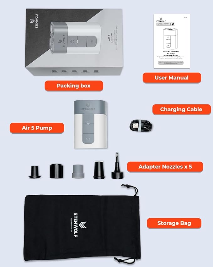 ETENWOLF AIR 5 Air Pump for Inflatables, Portable Electric Air Pump with 5200 mAh Battery, 4X Quick Inflator & Deflator, 4.5 kPa & 720 L/min Pump for Pool Floats, Vacuum Storage Bags
