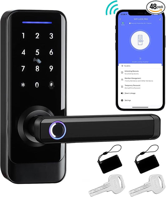 Smart Front Door Lock with Lever Handle, Keyless Entry Keypad Fingerprint Deadbolt, APP Control Biometric Electronic Digital Touchscreen Knob Set