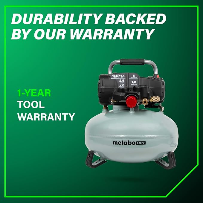 Metabo HPT Pancake Air Compressor, 6-Gallon 165PSI, Portable Air Compressor with 1.0 HP Oil-Free High Efficiency Motor, Lihghtweight, Quick Couplers for Fast Tool Changes, EC711S