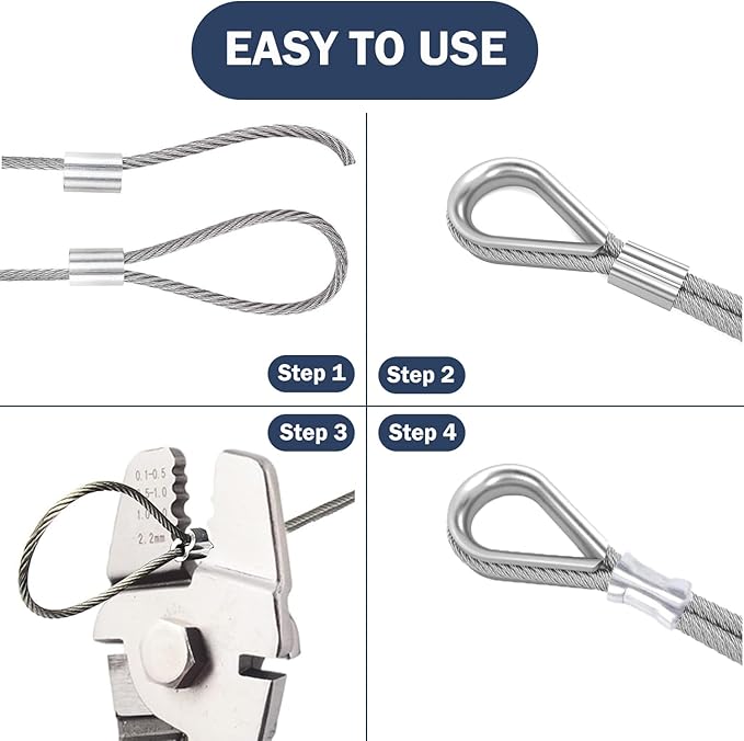 Wire Crimping Tool Kit, 100FT Stainless Steel Cable, 100PCS Aluminum Crimping Loop Sleeve, Wire Rope Thimble