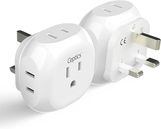 Ceptics US to UK Plug Adapter UK, Ireland Power Adapter Charger 4 Input - Ultra Compact - Light Weight - USA to Any Type G Countries Such as Hong Kong, England and More - 2 Pack (PT-7), White