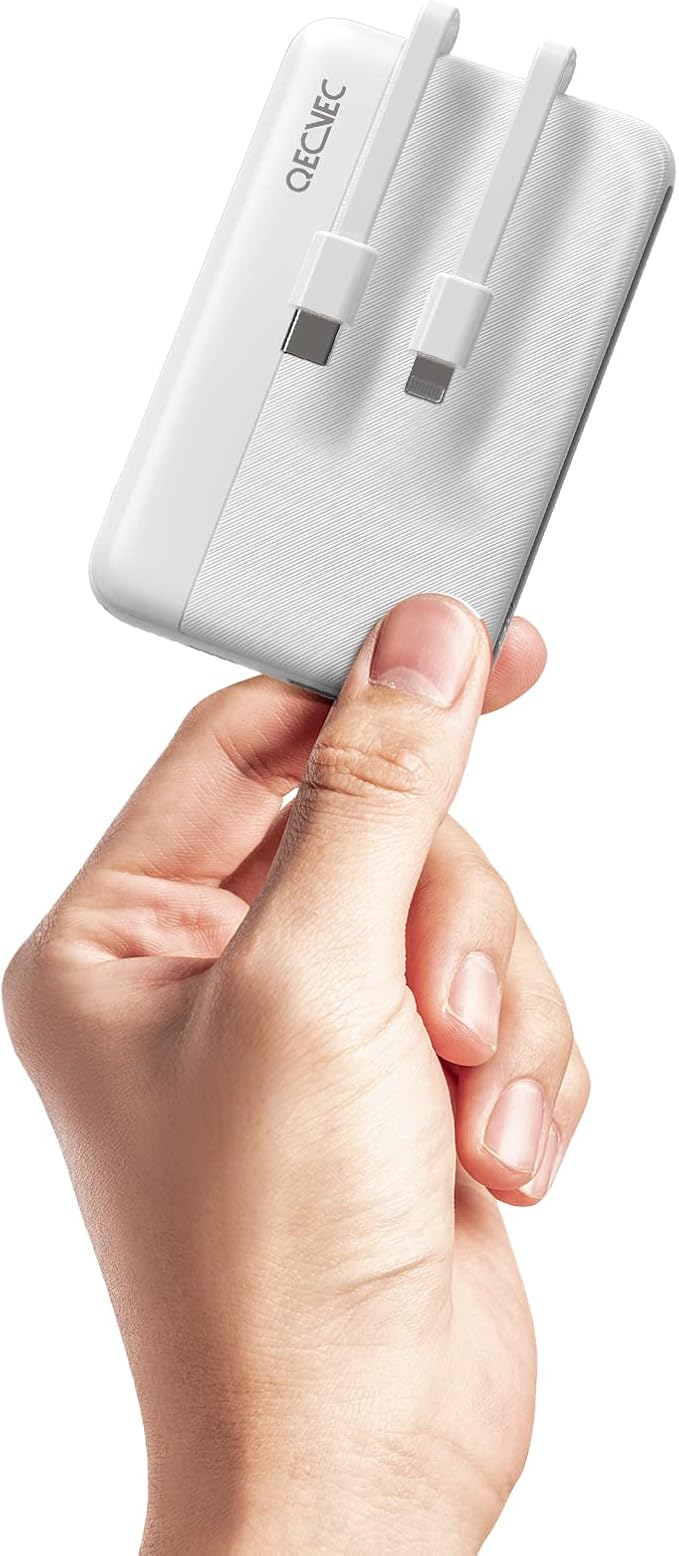 Power Bank 10000mAh, Portable Charger with Built-in Cables, 22.5W PD Fast Charging for iPhone & Android Devices, Ultra-Compact Travel Essential, Pocket-Sized Design-White