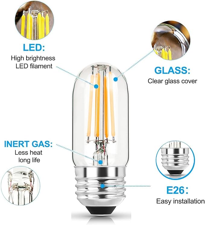 T10 Led Bulb 2700K 3.2 inches, e26 Led Bulb 60 watt Equivalent Dimmable, T25 Tubular Light Bulb, Edison Bulbs 6W e26 Medium Base Lightbulb UL Listed, Pack of 4