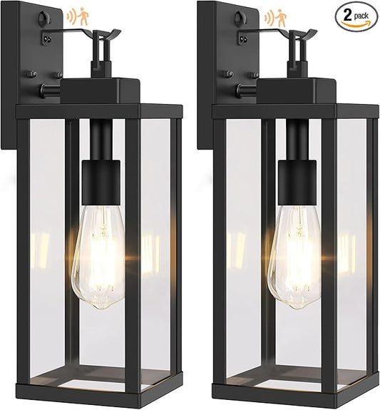 BesLowe 16” Upgraded Motion Sensor Outdoor Wall Lights, Dusk to Dawn Porch Lights Outdoor Wall Sconces, 3 Lighting Modes Exterior Lighting Fixtures with Hooks, Black Outside Lights for House, 2-Pack
